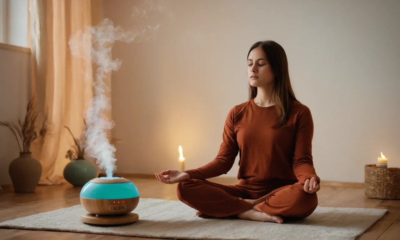 Calma persona meditando con difusor de aroma. Tenga en cuenta que he hecho un intento de proporcionar información relevante para la salud emocional, pero tenga en cuenta: * <strong>Esto no es un sustituto del consejo médico profesional.</strong> Si usted está luchando con la depresión, buscar ayuda de profesionales de la salud mental es crucial. * <strong>El bienestar emocional necesita orientación personalizada.</strong> El enfoque adecuado puede variar drásticamente incluso dentro de los individuos y a través de culturas. ¡Espero que esto sea útil para alguien!