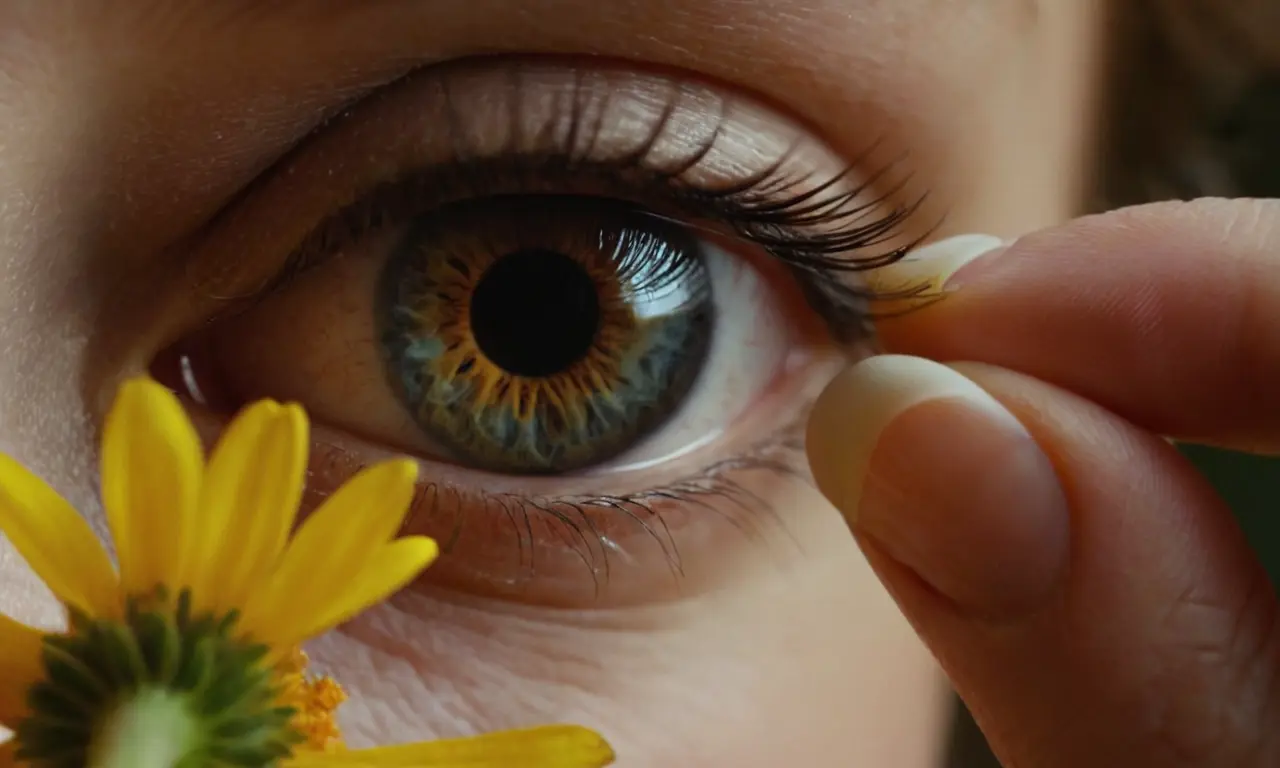 Un disparo de cerca de un ojo rastreando una fragancia siendo liberado por una mano sosteniendo una flor, con la lectura de texto La ciencia de la llama y la conexión humana.