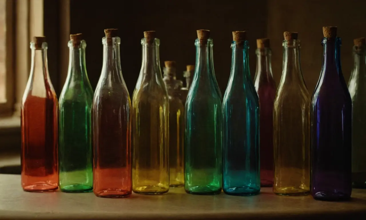 Botellas de vidrio limpias y vacías listas para reutilizar, mostrando una variedad de colores coloridos reflejando la luz. Usted podría incluir una nota como “Esta es la manera perfecta para reducir los residuos!”, o simplemente dejarlo limpio y conciso como este arriba.