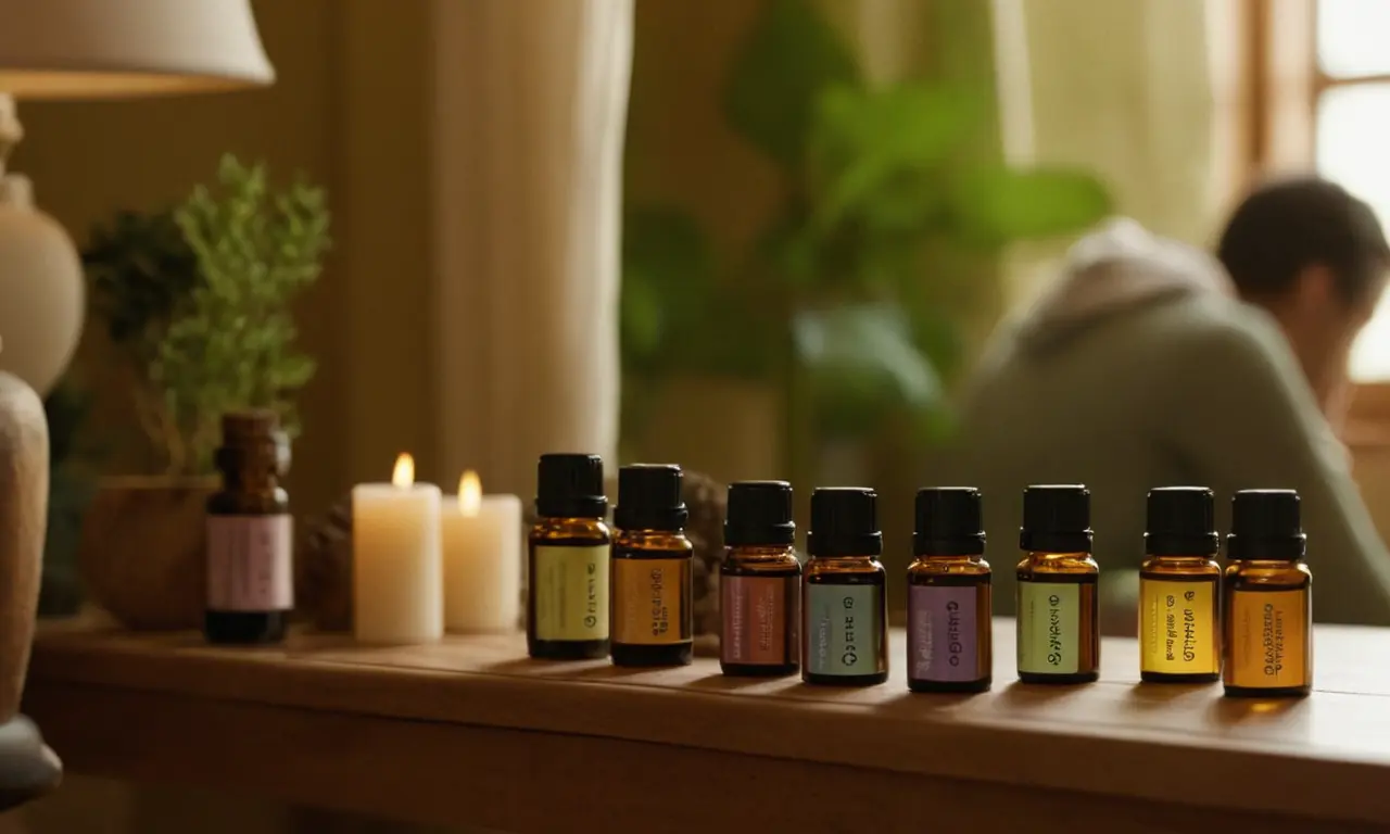 Una familia que utiliza aceites esenciales para el bienestar en medio de fotos de varias botellas y elementos naturales..