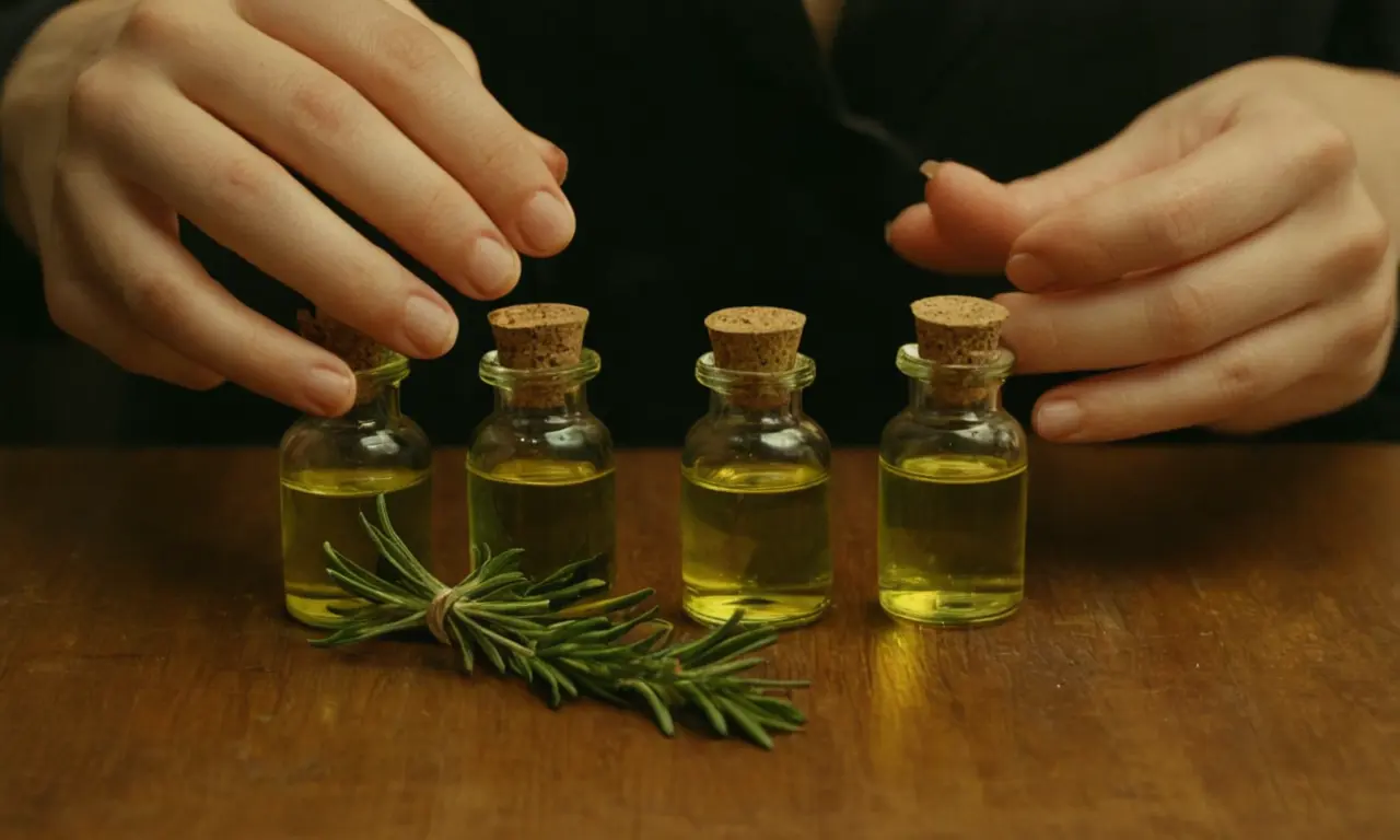 Una persona sosteniendo viles de aceites como romero y menta de pimienta. Avísame si quieres jugar con diferentes aspectos: ¿Quieres palabras más descriptivas, un enfoque en acciones, o quieres descripciones visuales como las anteriores? Puedo refinar mi descripción aún más de acuerdo a lo que genera su interés!